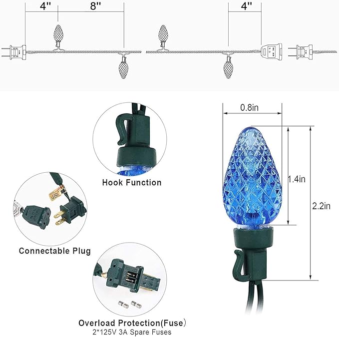 DEWENWILS C7 Christmas String Lights Outdoor, 33.3ft 50 LED Multi Color Bulb Lights, Outdoor Decorations for Christmas Tree, Patio, Garden, Yard, Porch, Green Wire, Multicolor, UL Listed