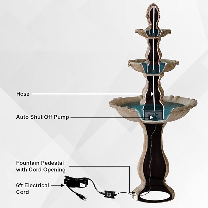 XBrand 3-Tier Freestanding Waterfall Fountain w/Pump & Pineapple Top, 51 Inch Tall, Beige, Large Outdoor Garden Fountain, Ideal for Garden, Porch, and Lawn