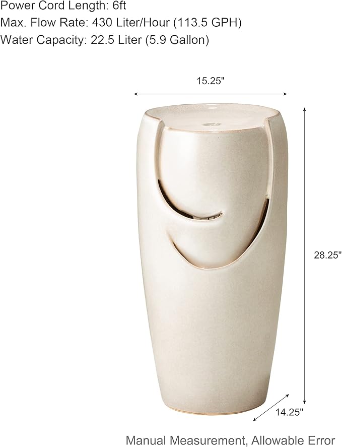 Glitzhome 29.25" H Oversized Ceramic Vase Outdoor Water Fountain Tall Patio Garden Water Fountain with LED Light and Submersible Pump Yard Art Decor, Sand Beige