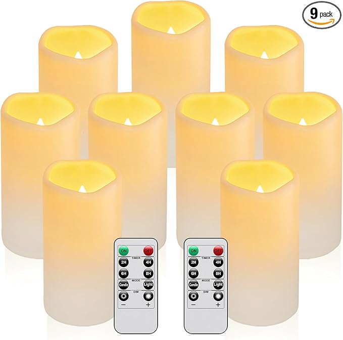 9PACK Outdoor Waterproof Plastic flameless Candles with Remote Control LED Flickering Battery Operated Pillar Candles Cycling 24 Hours Timer (D3 xH5.5) for Camping, Weddings, Party,Home Decoration