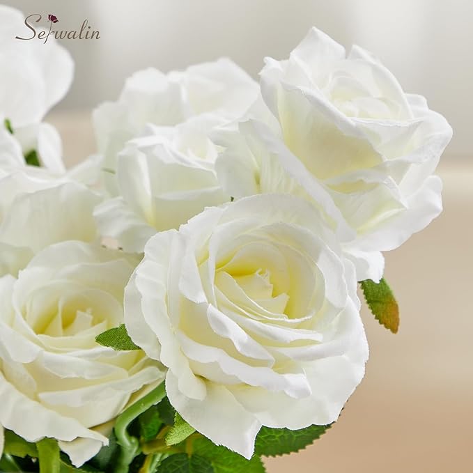 Serwalin 20PCS Artificial White Roses, 4'' Big Flower Head, Ivory Silk Roses, Velvet Fake Roses Bouquet Long Stem Roses for Home Decor Wedding and Table Centerpiece