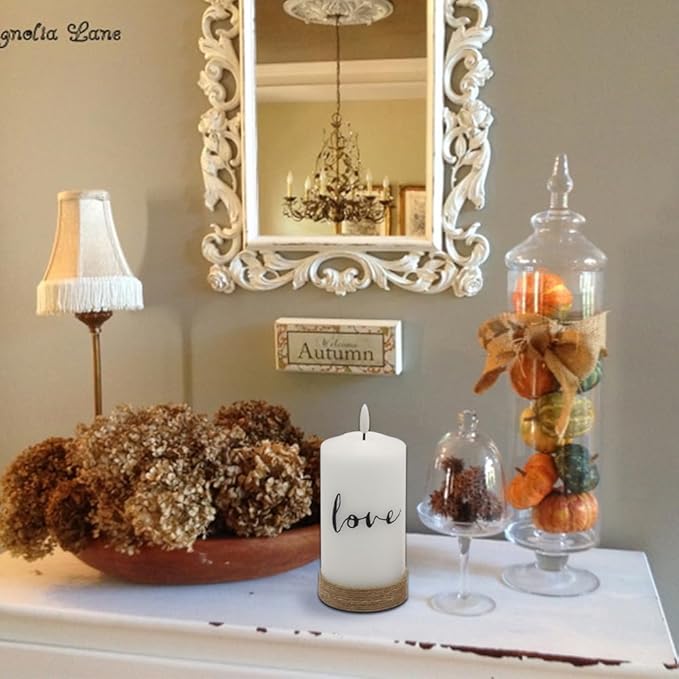 Battery Operated Flameless Flickering Candles with Remote Timer, LED Real Wax Pillar Candlesticks with Realistic 3D Wick, Set of 3 Live Laugh Love Home Decor(D3xH4 5" 6")