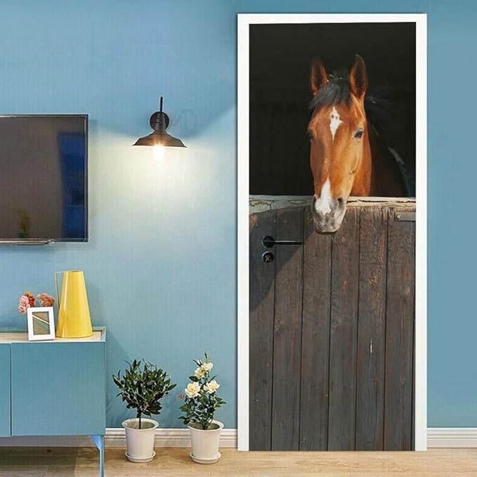 Horse 3D Door Stickers Murals - Peel & Stick - Waterproof & Washable - Matt Finish - Realistic Animal Print - Adult & Kid - All Seasons - Door & Wall - 34.6" x 78.7"