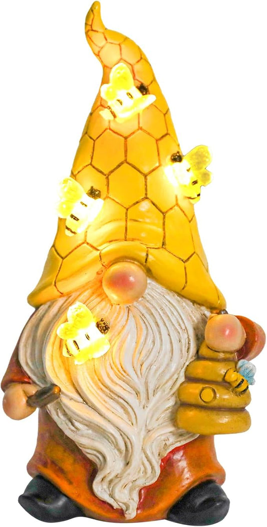 Garden Gnome Statue with Bee Solar Lights, Resin Gnome Figurine for Outdoor Decor, Porch Patio Yard Decorations