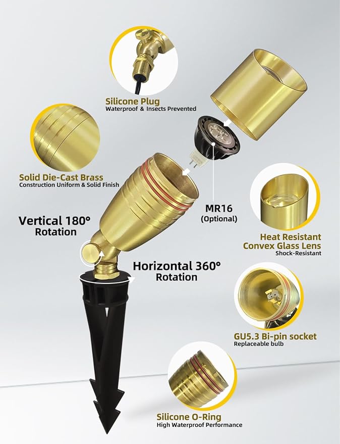 COLOER Die-cast Brass Landscape Spotlight 1-Pack Without Bulb,12V AC/DC Low Voltage Copper Outdoor Lighting with Ground Stake, Directional Garden Patio Spot Up Light (102B Brass Finish)
