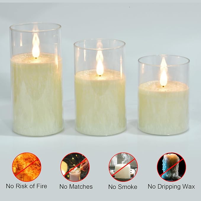 Flameless Flickering Remote Control Candle, Glass Pillar Candle,3 Pack (D:3"×H:4" 5" 6") LED 3D Flame Romantic Candle,Battery Operated Real Wax, Ideal for Wedding, Home Decor Holiday (Ivory)