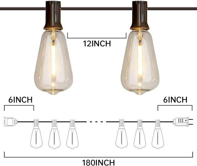 Vanthylit Outdoor String Lights, 15 FT Patio String Lights with LED Filament Bulb Waterproof Lights Retro Vintage Edison Bulbs for Backyard Patio Bistro Party Garden Connectable
