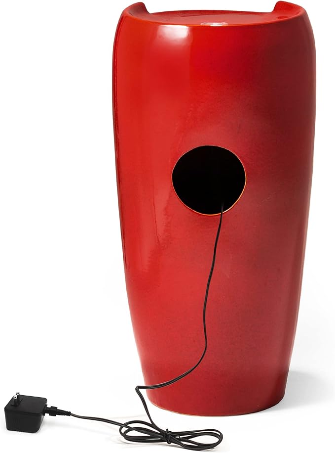 Glitzhome 29.25" H Oversized Ceramic Vase Outdoor Water Fountain Tall Patio Garden Water Fountain with LED Light and Submersible Pump Yard Art Decor, Red