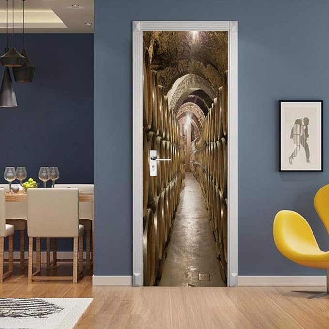3D Door Stickers Murals Peel and Stick - Wine Cellar Wallpaper Self-Adhesive Decals - Removable PVC Waterproof Poster for Bedroom Living Room 35.4" x 78.7"