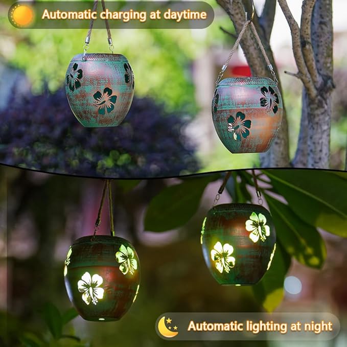 2 Pack Solar Lanterns Outdoor Hanging, Metal Table Solar Lanterns Outdoor Waterproof with Handle, LED Solar Lantern for Patio Lawn Tabletop Decor Christmas Gifts