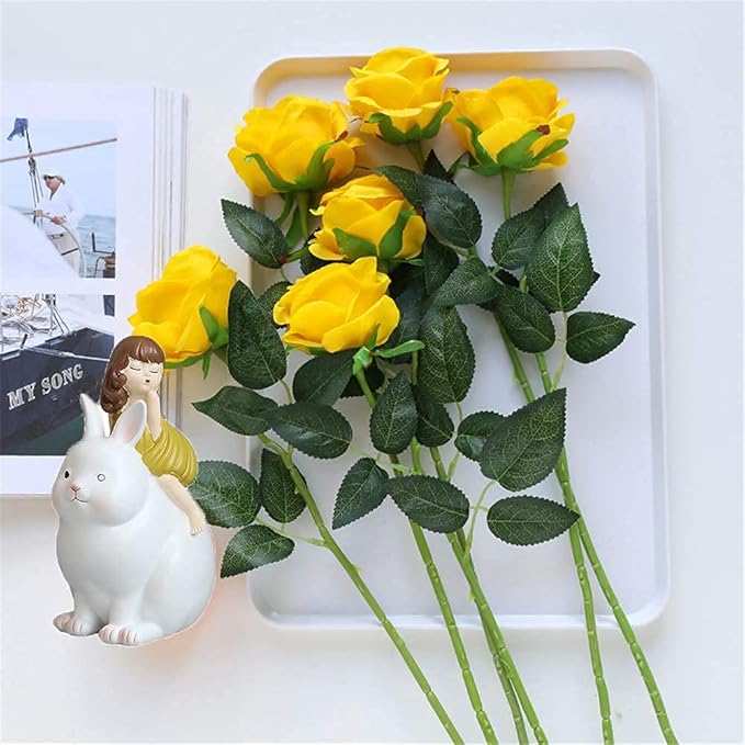 Hawesome 12PCS Artificial Silk Flowers Realistic Roses Bouquet Long Stem for Home Wedding Decoration Party (Yellow 1)