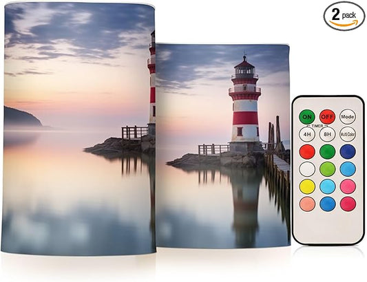 Lighthouse Flameless Candles with Remote Control and Timer, Adjustable Brightness Long Lasting Battery Operated LED Pillar Candles for Indoor Outdoor Party Home Decor, 2 Pack