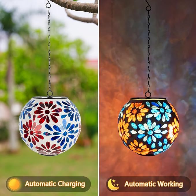 Solar Lanterns Outdoor Waterproof, Hanging Mosaic Flower Solar Lantern with Hook, Hanging Gazing Ball Globe Lantern for Garden Patio Yard Decor