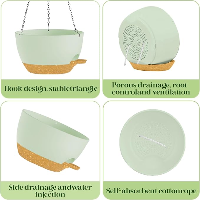 10 Inch Hanging Planters with Chains 2 Pack Self Watering Green Brown Plastic Hanging Pots for Indoor Outdoor Plants, Garden Porch Home Decor (Green Brown)