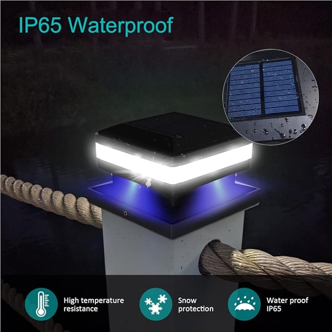 Sumaote Solar Post Lights 160LM 52 LED - 6x6 Post Cap Solar Light Outdoor Deck Fence Lights fit 4x4 5x5 6x6 Wood Posts, IP65 Waterproof for Garden Porch Patio, 6000K White Lighting, 4 Pack