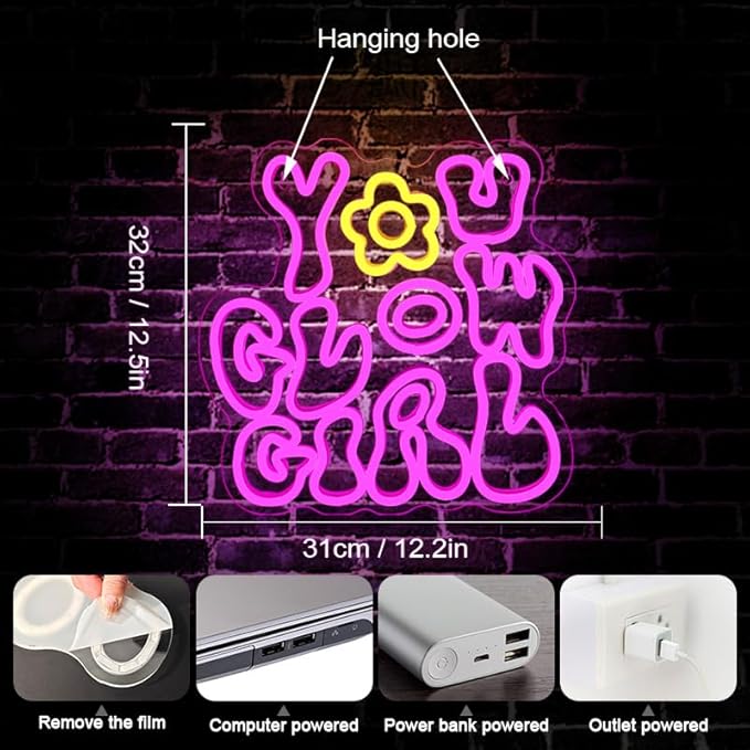 WLHOPE You Glow Girl Neon Sign Pink Led Neon Signs for Wall Decor USB Glowing Girl Neon Light Signs Man Cave Wall Art Signs for Bedroom Girls Room Bar Club Shop Office Wedding Birthday Party