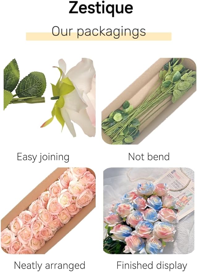 Pink Blue Mix Artificial Roses Fake Flowers Not Bend The Peduncle with Stems for DIY Wedding Bouquets Bridal Shower Centerpieces Arrangements Tables Decorations 24pcs