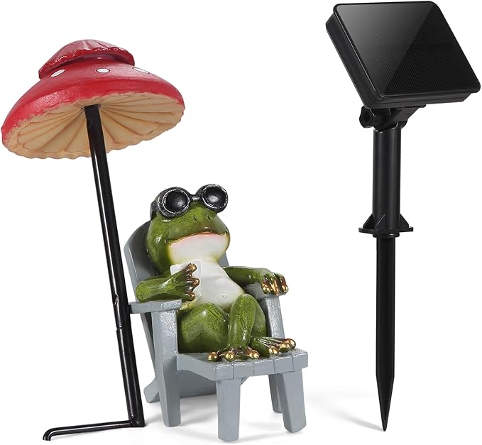 Little Frog Garden Statue with mini Patio Mushroom Solar Lights Outdoor Figurines Halloween Home Decor Fairy Garden Accessories Small Lawn Ornaments 4.5"x4.5"x2.6"