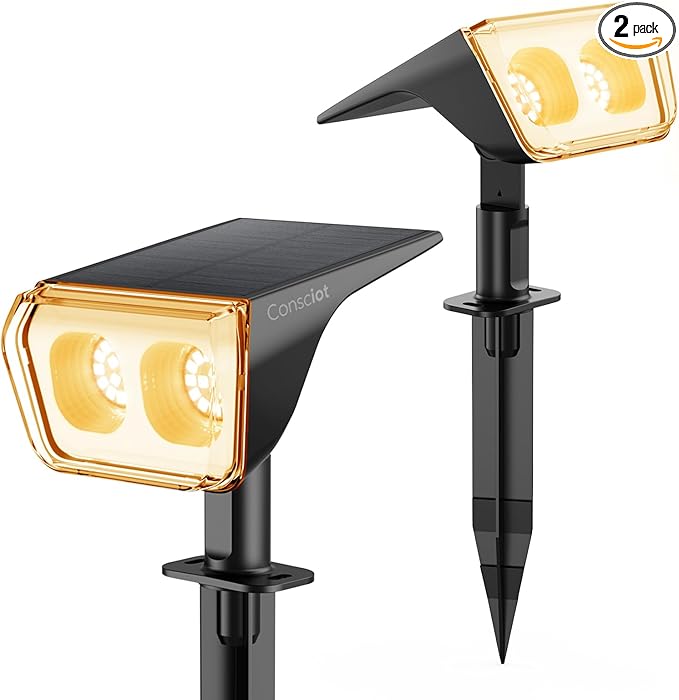 Consciot Solar Spot Lights Outdoor Waterproof, 24 LED Dusk-to-Dawn Solar Spotlight, 2 in 1 Adjustable Wall Lights, Warm White Solar Landscape Spotlights for Garden Yard Wall Walkway, 2 Pack