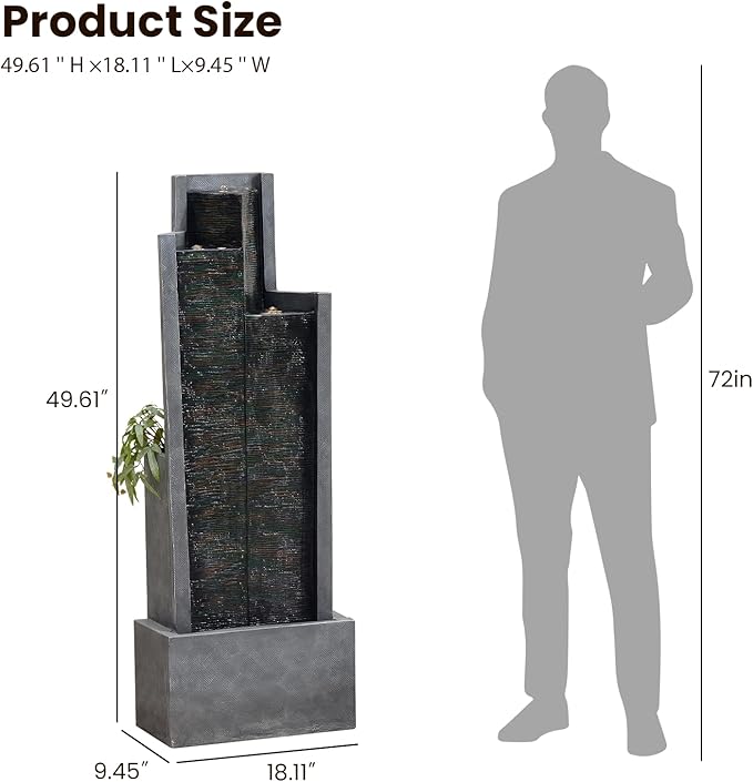 49.6" H Garden Fountains Outdoor Modern Cascading Indoor Water Fountain Tall Floor - Standing Fountain with Lights for Garden, Patio, Yard, Deck and Home Art Decor