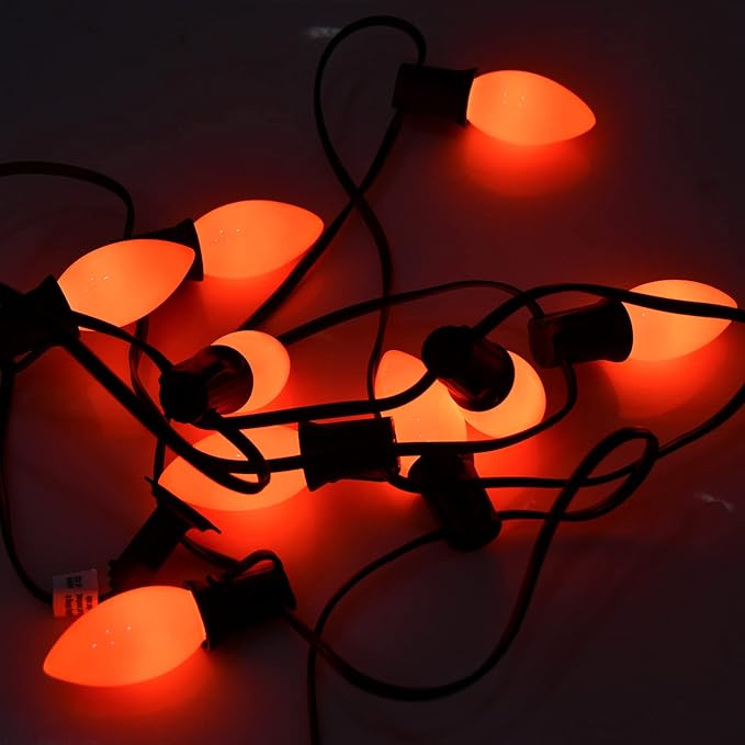 25Ft Halloween Ceramic String Lights, C9 Opaque Orange String Lights with 25 Vintage Bulbs, Outdoor Hanging Lights for Halloween Party Christmas Tree Prom Decor, 7W, C9/E17 Base, Black Wire
