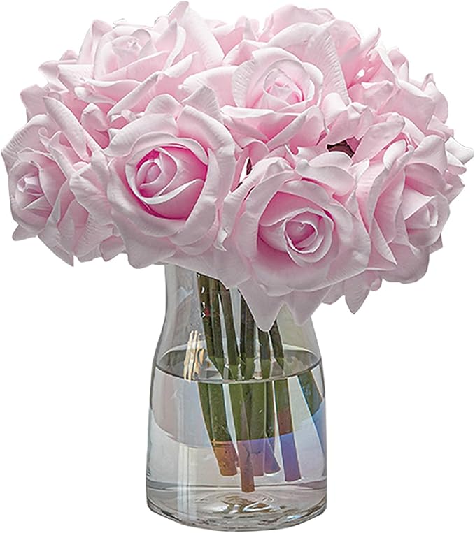Artificial Roses Single Stem 10pcs Fake Silk Flower Arrangement Bouquet Real Touch for Home Party Wedding Decoration(Light Pink)
