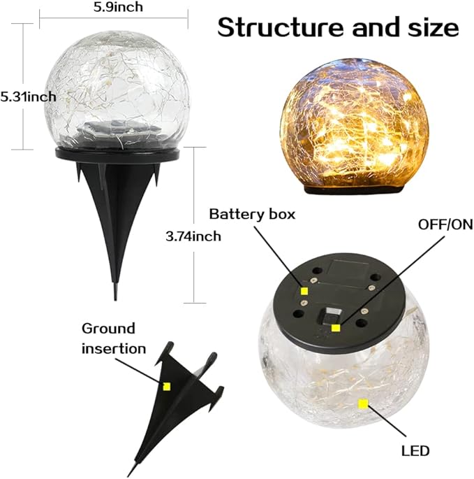 TOMEX Solar Garden Lights, Cracked Glass Ball Waterproof Warm White LED for Outdoor Decor Decorations Pathway Patio Yard Lawn, 1Pack (5.9")