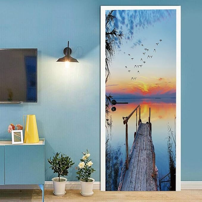 3D Door Stickers Murals - PIER - Peel & Stick - Waterproof & Washable - Matt Finish - Realistic Blue Birds - Adults - Wall & Door - Decoration