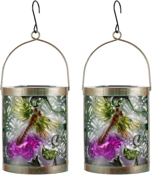 2 Pack Glass Dragonfly Solar Lanterns Outdoor Waterproof, Hanging LED Solar Lantern for Tabletop Garden Patio Decor