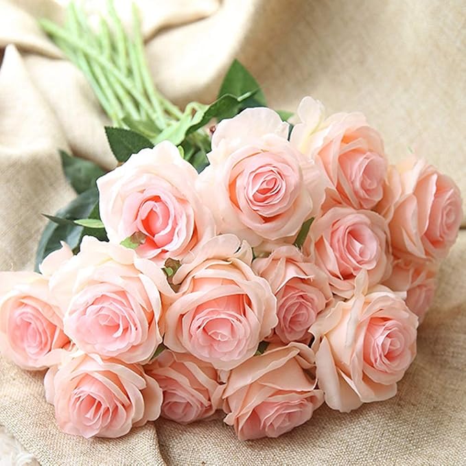 AMZALI 10PCS Artificial Flowers, Silk Artificial Rose Flowers Real Looking Blush Flower Home Decorations for Bridal Wedding Bouquet, Birthday Flowers Bunch Hotel Party Garden Floral Decor (Pink)