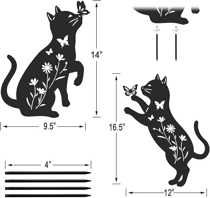 Metal Cat Garden Decor for Outside,Set of 2 Black Cat Silhouette Garden Stakes,Cat Yard Decor Outdoor