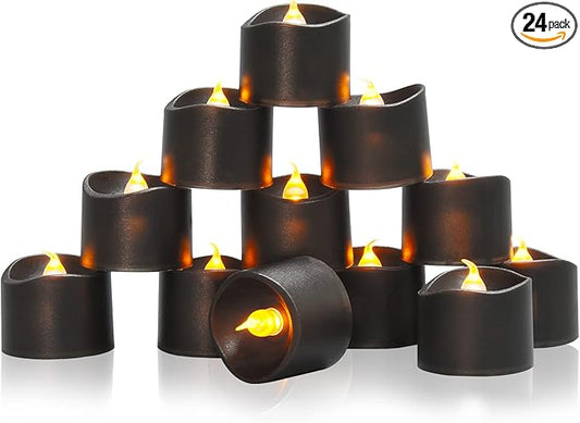 JOSU Flameless Candles Halloween Decorations, 24PCS Tea Lights Candles Battery Operated, Realistic Votive Tealights with Warm Light for Christmas Decors Outdoor(Black)