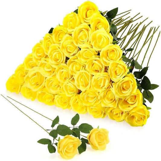 36 Pcs Silk Yellow Rose Bouquet Bridal Artificial Flowers,Fake Rose Long Stem Realistic Flowers Bulk for Wedding Bouquet Ball Arrangement Centerpiece Party Decor