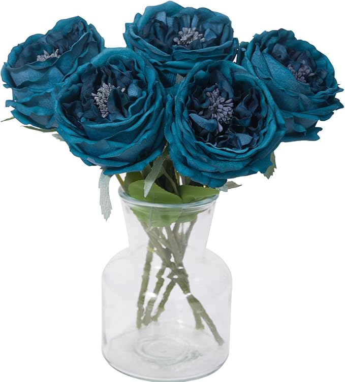 DuHouse 5Pcs Silk Roses Fake White Roses with Stems Real Touch Rose Artificial Flowers for Arrangement Wedding Party Home Decoration(Peacock Blue)