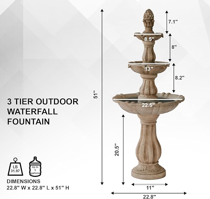 XBrand 3-Tier Freestanding Waterfall Fountain w/Pump & Pineapple Top, 51 Inch Tall, Beige, Large Outdoor Garden Fountain, Ideal for Garden, Porch, and Lawn