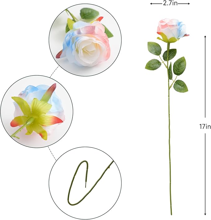 Pink Blue Mix Artificial Roses Fake Flowers Not Bend The Peduncle with Stems for DIY Wedding Bouquets Bridal Shower Centerpieces Arrangements Tables Decorations 24pcs