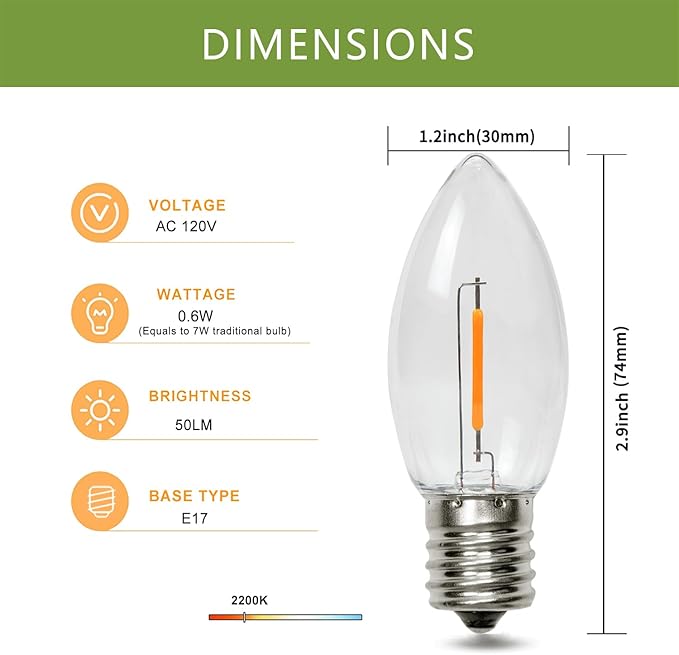 Waterproof C9 Replacement LED Light Bulbs –0.6W Equivalent to 7W, White Warm 2200K Outdoor String Lights E17 Base LED Light Bulbs, Clear Plastic, 25Pack