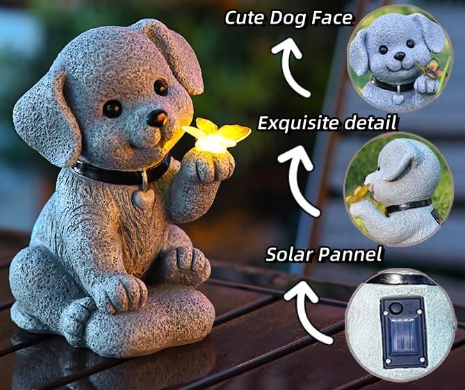 MeritMode Solar Dog Garden Statue with Butterfly Lights - Waterproof Outdoor Statue Decor for Patio, Lawn, Balcony, for Mom, Grandma, Women on Mother’s Day, Father’s Day, Housewarming
