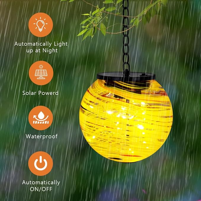 Solar Lanterns Outdoor Waterproof LED Lights 4.7" Glass Hanging Solar Lights with Metal Chain,Gazing Globe Ball Outdoor Decorative Lantern for Patio Pathway Yard Garden Decor(Yellow)