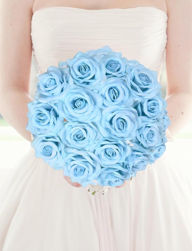 25PCS Artificial Rose Flower Heads Light Blue Rose Flower with Stem Velvet Rose Flowers Heads Bulk for DIY Wedding Home Party Baby Shower Decor(Light Blue)