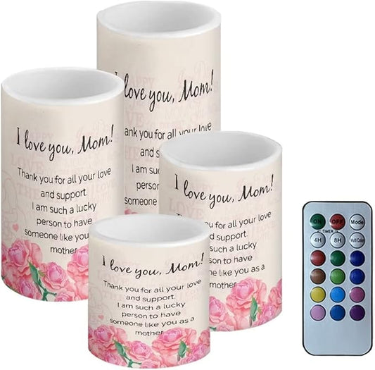 Mother's Day Flameless LED Battery Candles 4PCS Pillar Candles with 18-Key Timer Remote Colorful Light for Party Ornaments, I Love You Mom, Letter to Mother with Rose Print Candles Decor