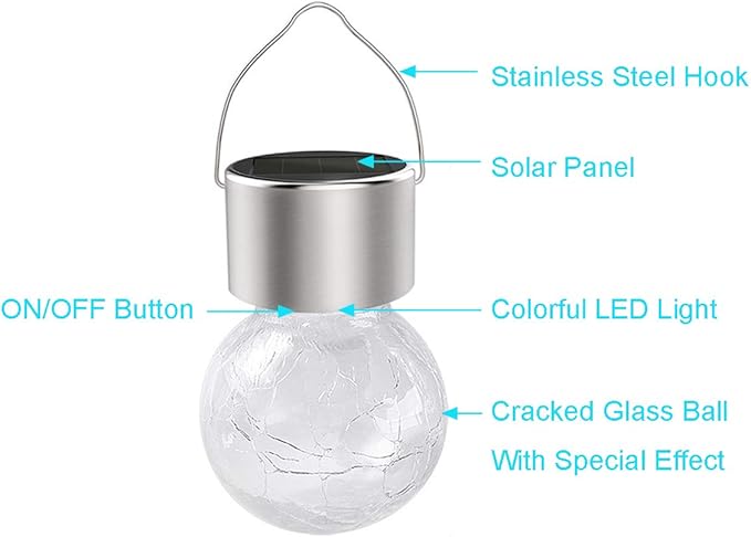 Hanging Solar Powered Warm White LED Light, Cracked Glass Ball Light, Waterproof Outdoor Christmas Decorative Lantern for Garden, Yard, Patio, Lawn (Single Color, 1)