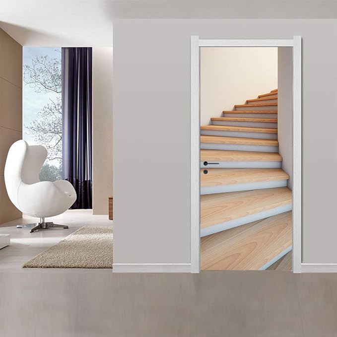 3D Door Stickers Murals - Stairs - Door Wallpaper - Self-Adhesive - Removable - PVC - Waterproof - Matt Finish - Modern Style - White - 35.4" x 78.7"