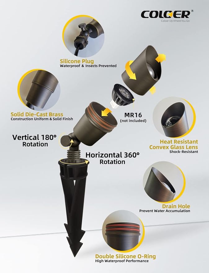 COLOER Die-cast Brass Outdoor Spot Lights for Yard, 12V AC/DC Low Voltage Landscape Lighting Kit, IP65 Waterproof Backyard Outdoor Directional Uplight(101B,Bronze,10-Pack Without Bulb)