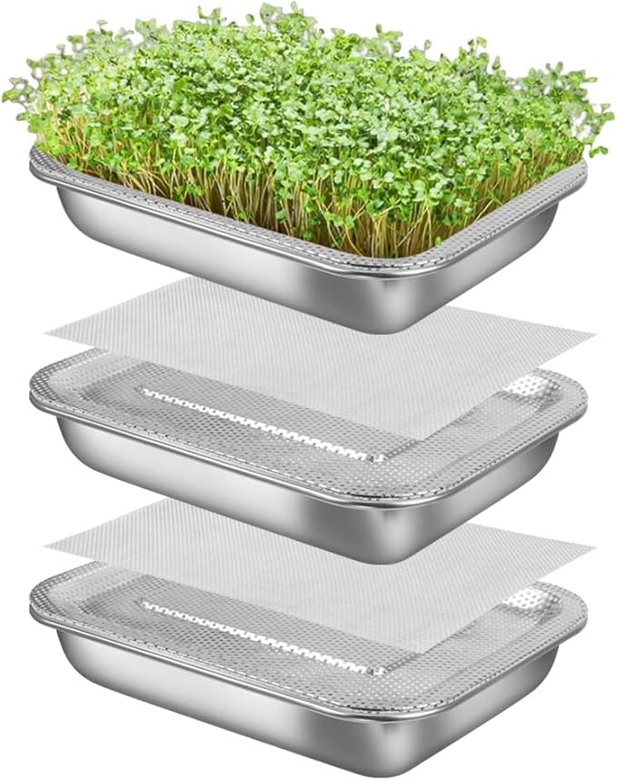 Picowe Stainless Steel Sprouting Trays Seed Sprouting Kit with Stainless Steel Mesh Tray Seed Starter Tray Seed Sprouting Kit (3pack, 10.4 x 7.7inch)