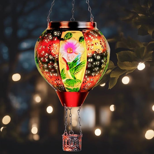 Hummingbird Solar Hot Air Balloon Lantern with Flame, Hot Air Balloon Decorations for Garden Yard Porch Decor, Glass Large Hanging Outdoor Decor, Solar Lantern Waterproof, Hummingbird Gardening Gifts