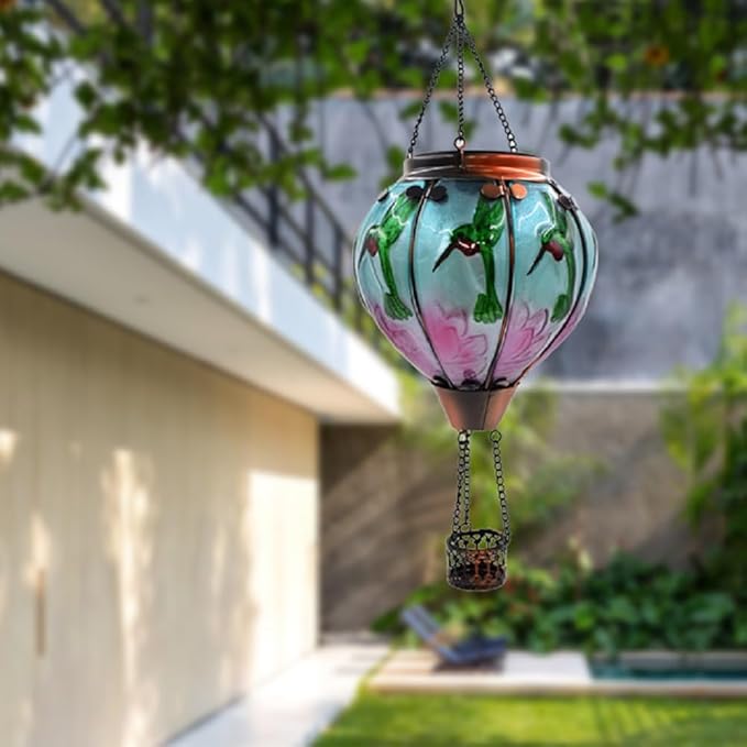 2PCS Solar Hot Air Balloon Lanterns with Flame Glass Hot Air Balloon Lights with 2PCS Shepherd's Hooks Waterproof Hanging Outdoor Solar Lantern for Yard Patio Christmas Decor (Hummingbird)
