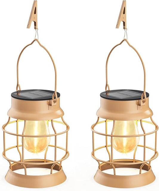 2 Pack Solar Outdoor Lights Metal Hanging Solar for Outside Lights Outdoor Waterproof Retro Design with Edison Bulb Decorative for Patio Porch Fence Garden Lawn
