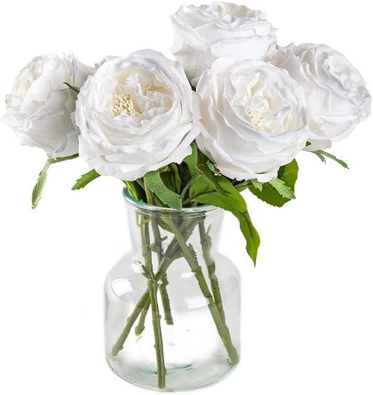 DuHouse 5Pcs Silk Roses Fake White Roses with Stems Real Touch Rose Artificial Flowers for Arrangement Wedding Party Home Decoration