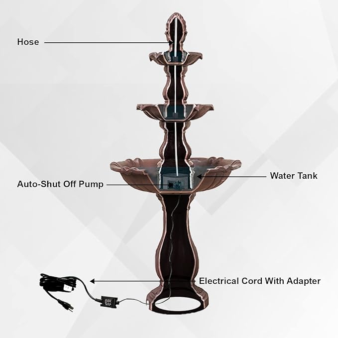 XBrand 3-Tier Freestanding Waterfall Fountain w/Pump & Pineapple Top, 51 Inch Tall, Brown, Large Outdoor Garden Fountain, Ideal for Garden, Porch, and Lawn